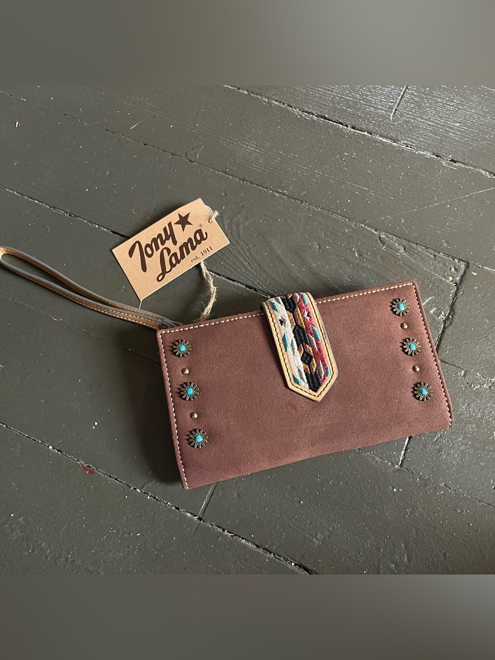 Tony Lama Brown Suede Wristlet with Turquoise Conchos and Colorful Strap